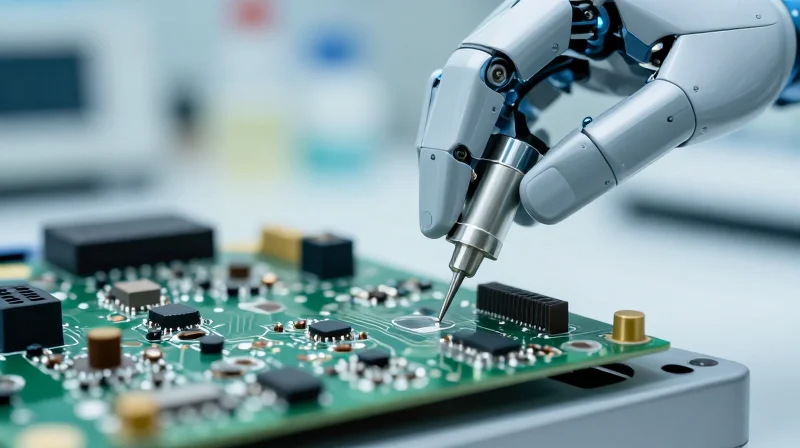 Macro photograph of a technician testing a circuit board with precision equipment in a clean lab.