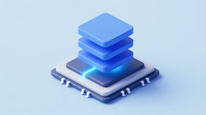 Isometric 3D illustration showing the layered structure of network switch firmware from bootloader to operating system.