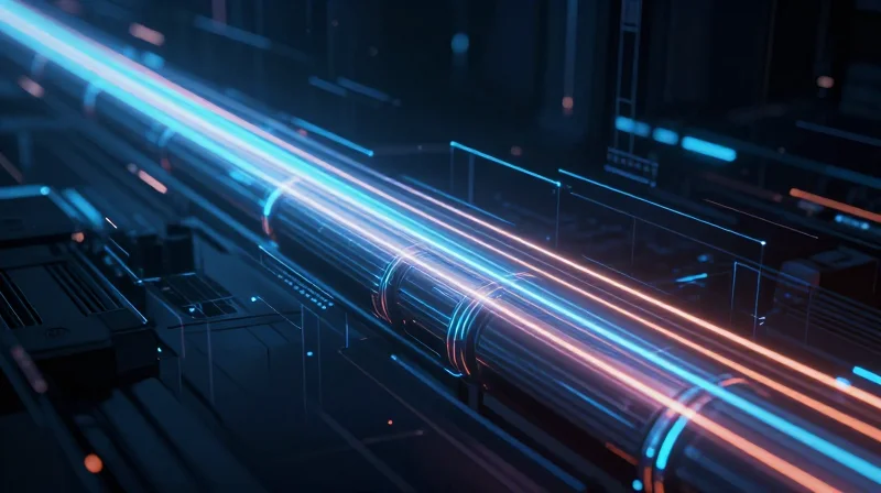 Abstract digital visualization of data packets flowing through a high-speed network pipeline.