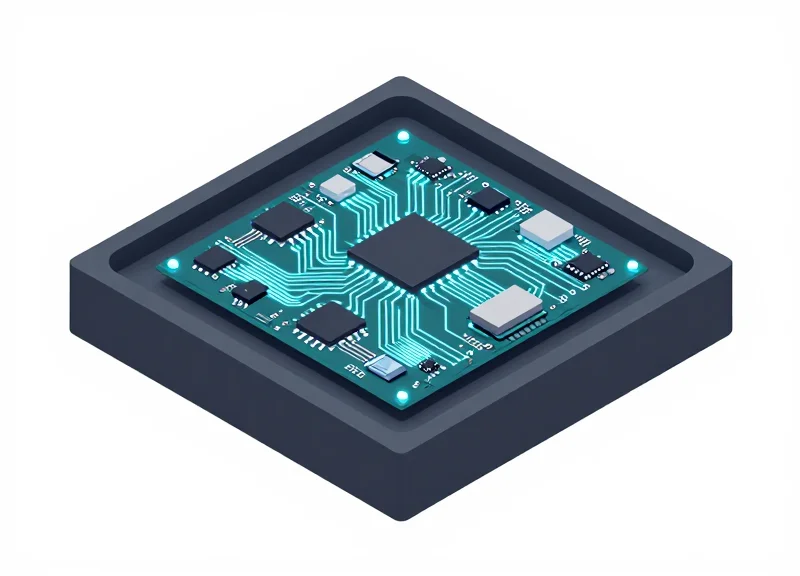 Isometric 3D illustration showing the internal layers and logic circuits of a network switch with glowing data pathways representing firmware execution.