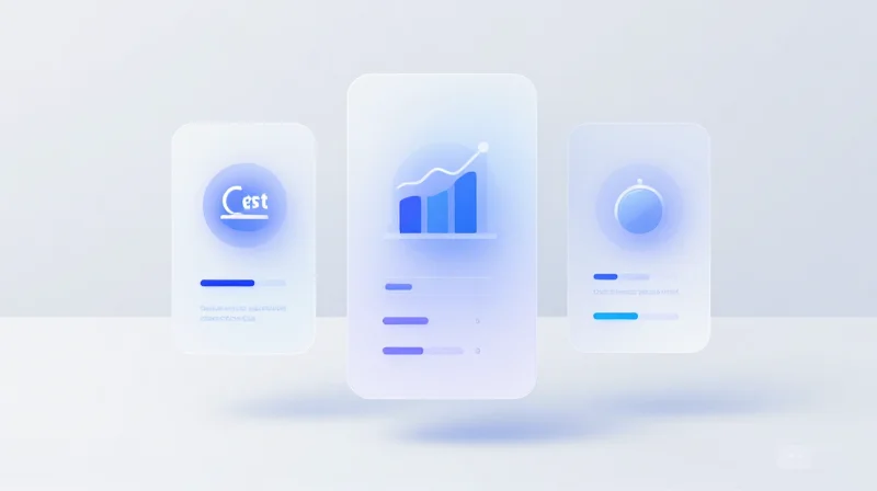 Modern UI mockup of a decision framework dashboard with abstract performance and cost icons.