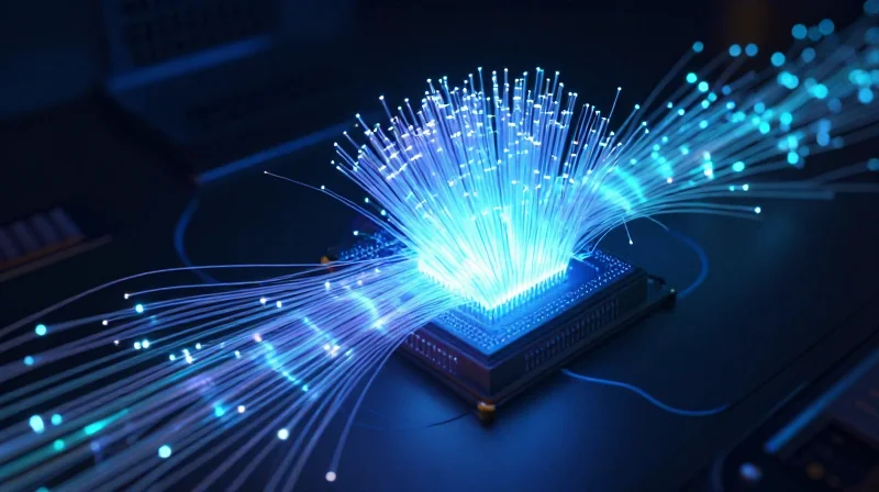 Abstract visualization of high-speed data packets moving through a processor to represent low latency.