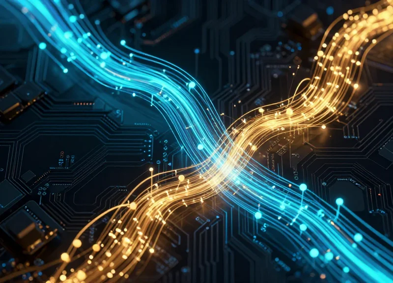 An abstract high-tech visualization of two parallel glowing data streams in contrasting blue and gold, flowing through 3D nodes on a dark circuit board background, representing a performance comparison.