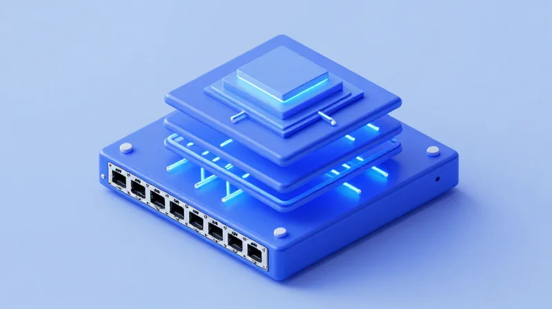 The Strategic Importance of Firmware in Modern Networking Isometric 3D illustration of a network switch core showing glowing data layers and hardware integration.