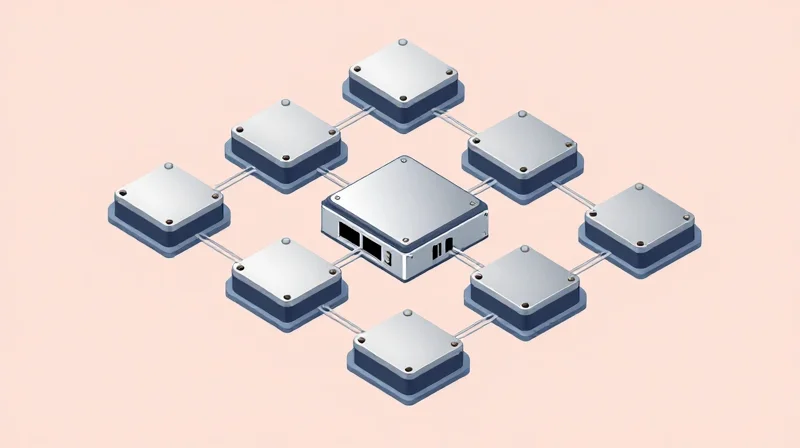 Ubytelink’s Proprietary Coding Architecture 3D visualization of modular software blocks being assembled into a network processor.