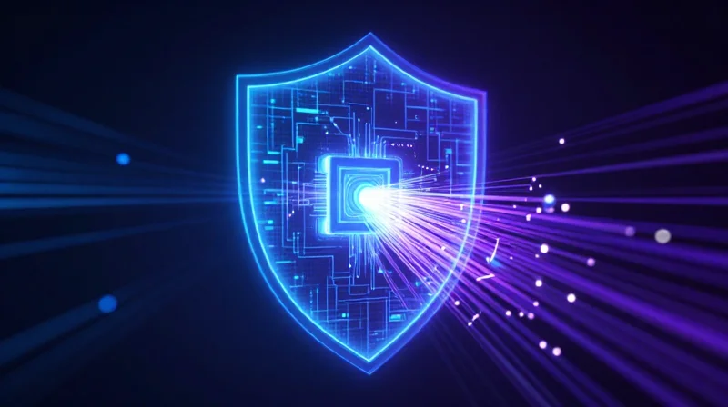 Security by Design: Protecting the Firmware Layer Abstract digital visualization of a secure cryptographic shield protecting a data node.