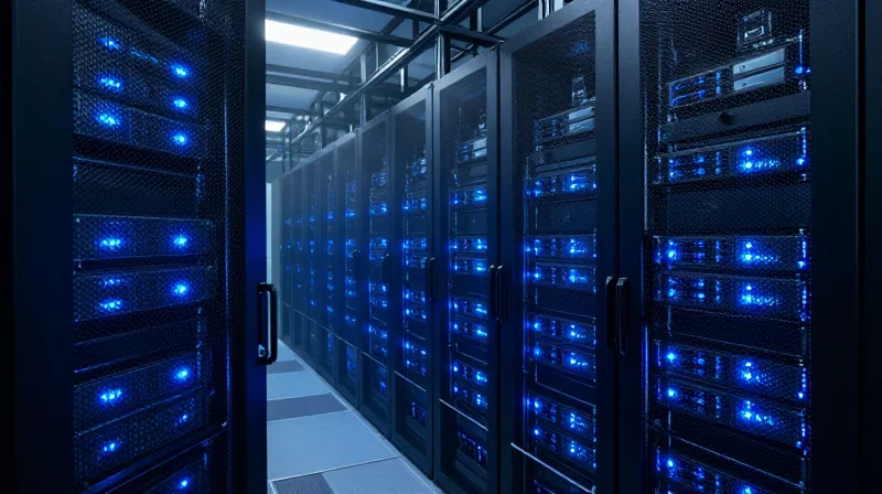 Case Study: Optimizing High-Density Data Center Performance Wide shot of a modern high-density data center with rows of server racks and blue ambient lighting.