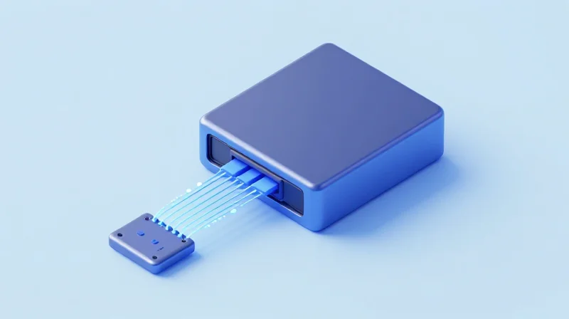 Isometric 3D illustration of a network switch and a transceiver module connecting via glowing data lines, representing digital architecture.