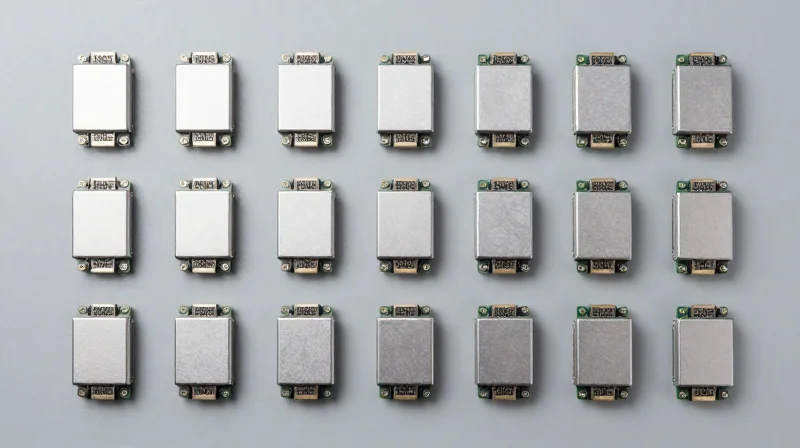 Top-down flat lay view of multiple network transceiver modules neatly organized on a professional surface to represent wholesale procurement.