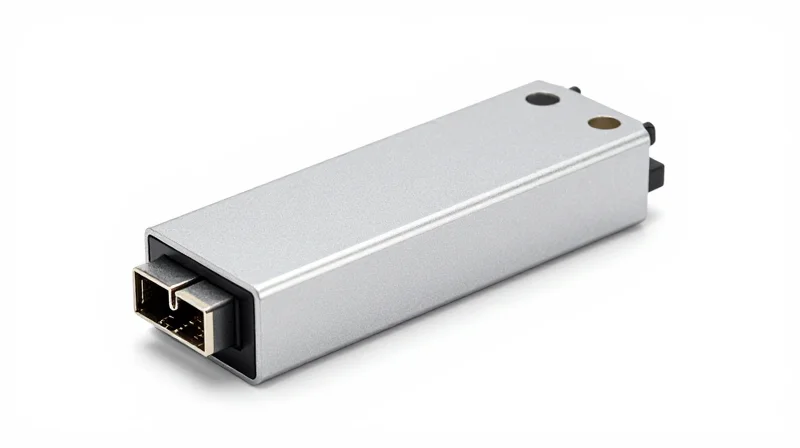 Detailed product shot of a specialized fiber optic transceiver module with a high-end metallic finish.
