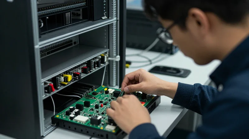 A technician in a professional lab setting testing hardware components for quality assurance and signal integrity.