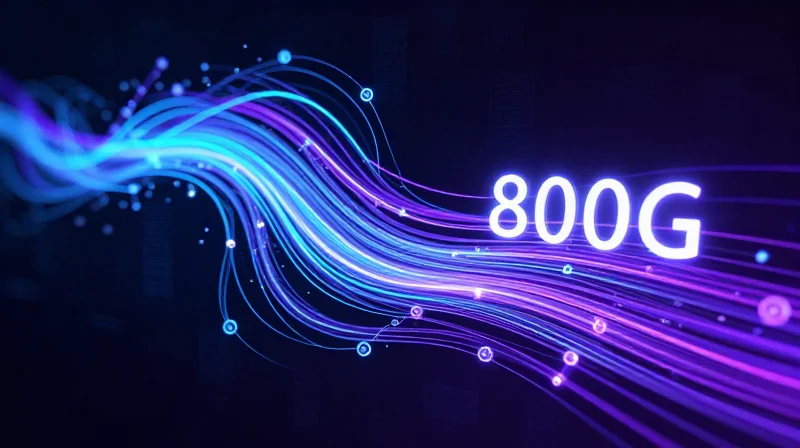 Abstract technology concept representing high-speed data flow for 400G and 800G networking bandwidth.