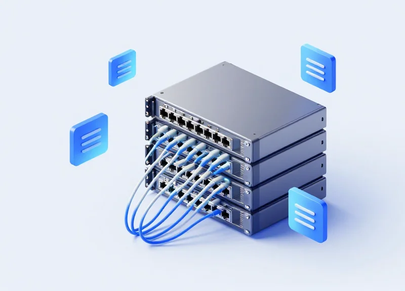 Isometric 3D illustration of multiple network switches stacked together with glowing data flow lines representing firmware coding and bulk hardware management.