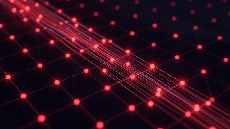 Abstract visual of a network grid with red warning indicators and descending data streams.