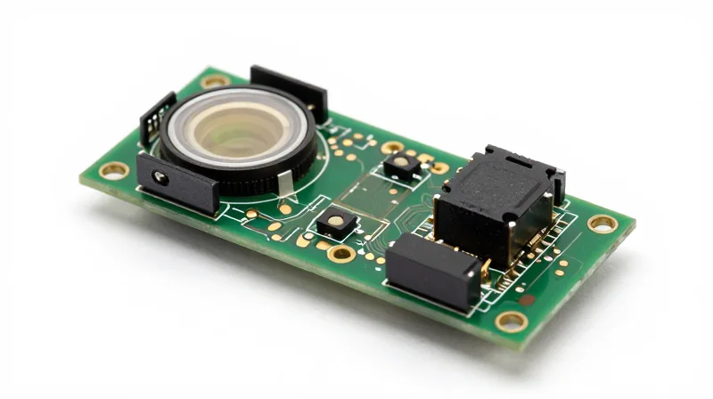 Detailed macro shot of the internal optical components of a fiber optic transceiver.