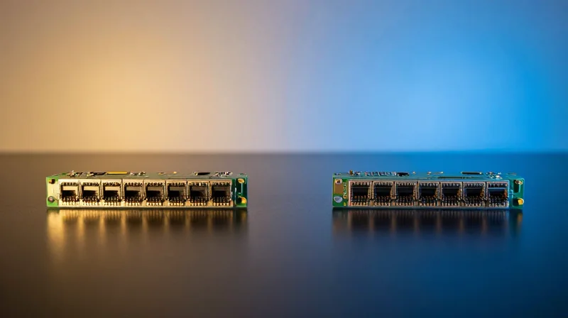 Side-by-side comparison of two transceiver modules with different lighting effects.