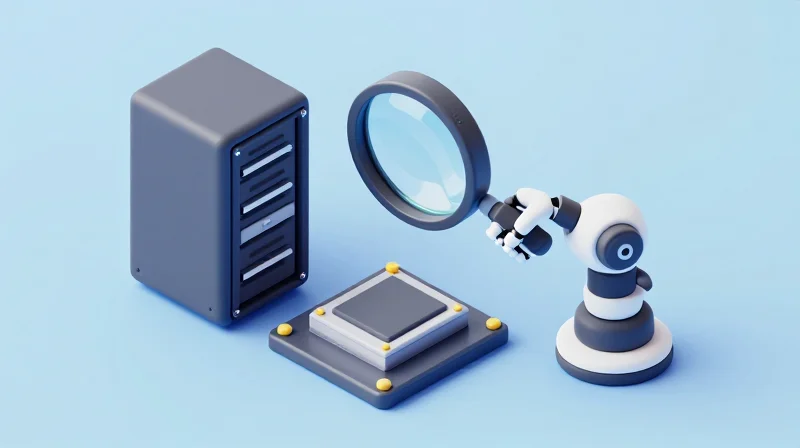 Isometric 3D illustration of a quality control inspection on a networking module.