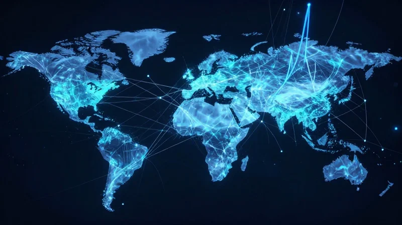 Abstract digital visualization of a global fiber optic network representing the expansion and diversification of the transceiver market.