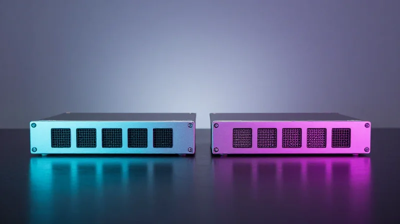 Two high-performance optical transceivers side-by-side on a dark surface to compare their technical benchmarks.