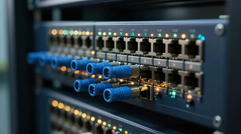 Close-up of network equipment showing multiple transceivers in use, illustrating port density and thermal load.