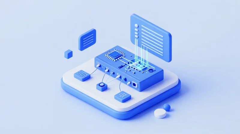 Isometric 3D model of a technical workstation programming an optical module's internal EEPROM chip.