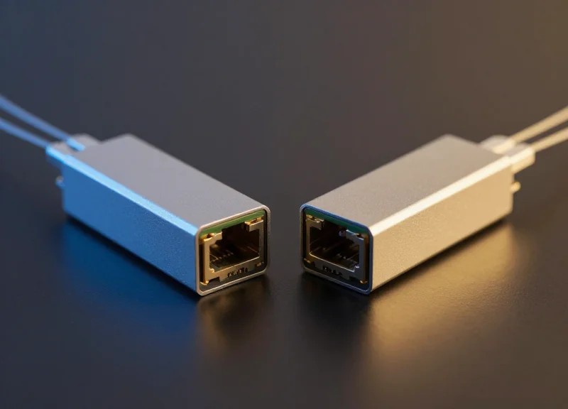 Two high-quality fiber optic transceivers displayed side-by-side on a dark reflective surface with professional split lighting to show comparison.