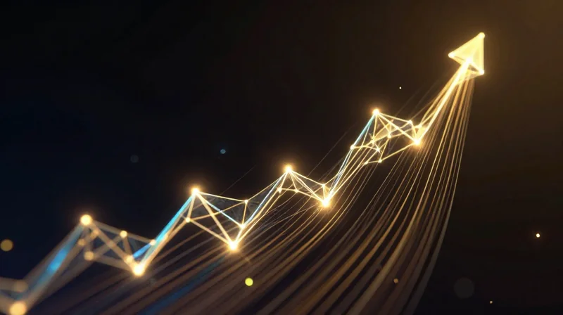 Conceptual visualization of financial growth and cost reduction using glowing light trails.