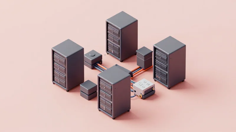 Isometric 3D model of a data center network showing different compatible modules connected together.