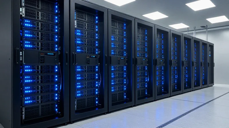 A modern data center server room representing mission-critical telecommunications infrastructure.
