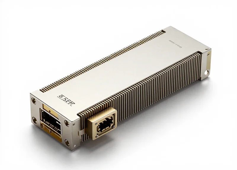A high-end fiber optic transceiver module with metallic finish and intricate hardware details, presented on a clean background with professional studio lighting.