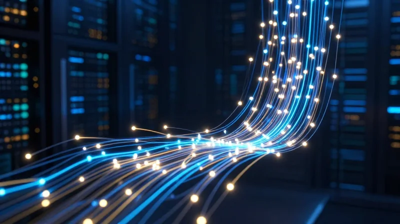 Abstract futuristic data center visualization with glowing blue and gold light trails representing rapid data growth.