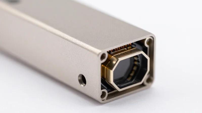 Close-up macro shot of a custom metallic fiber optic transceiver with detailed industrial design.