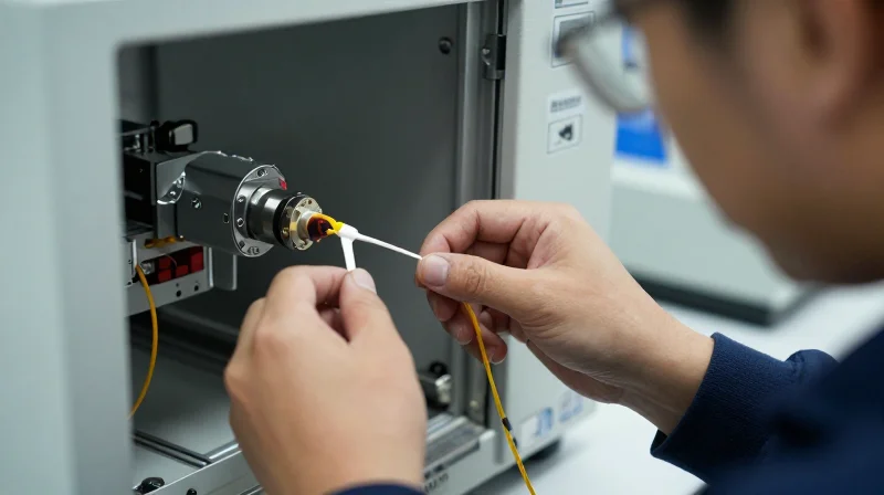Close-up of a technician performing quality assurance testing on network equipment in a laboratory.