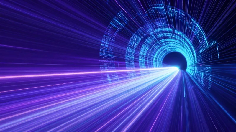 Futuristic conceptual art of high-speed 400G and 800G data transmission with light speed effects.