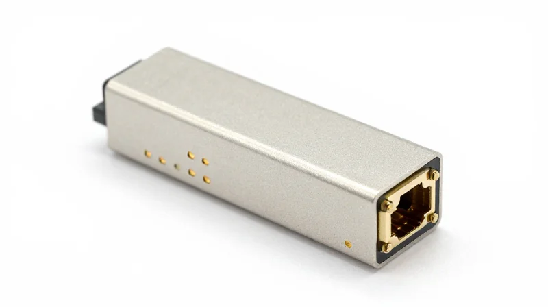 A high-end metallic SFP transceiver module shown from a 45-degree angle on a white background.