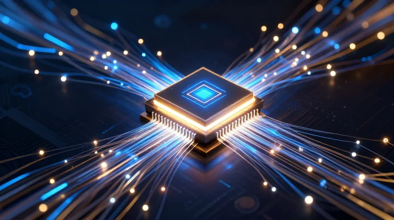 Abstract digital visualization of firmware data streams flowing into a microchip.