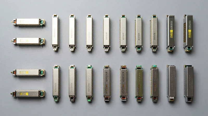 A collection of various network transceivers including SFP, SFP+, and QSFP28 arranged neatly on a technical surface.