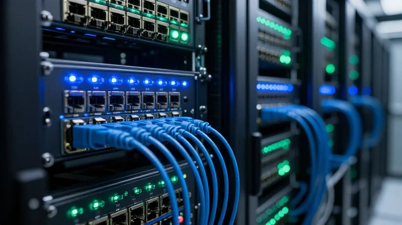 A photorealistic view of a server room with blue fiber optic cables connected to networking switches.
