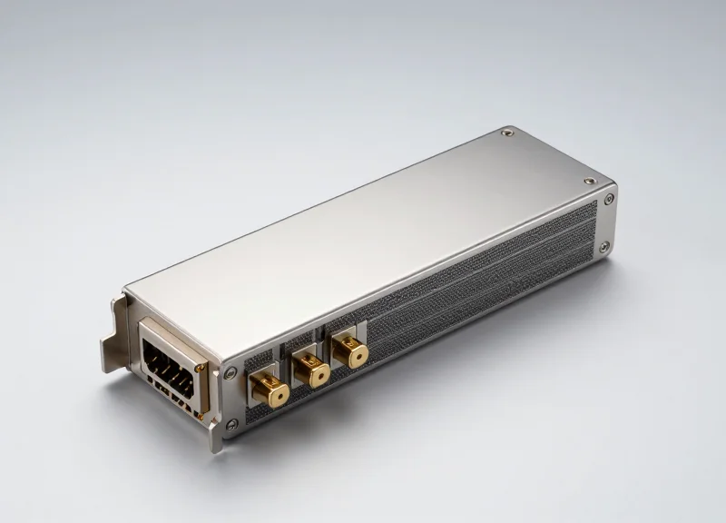 A high-quality professional product shot of a metallic fiber optic transceiver module with gold-plated connectors.