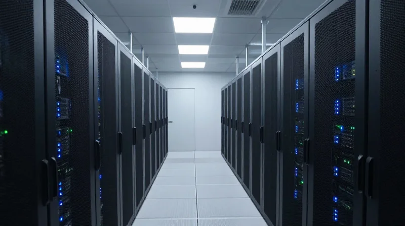 Modern data center with energy-efficient cooling and lighting.