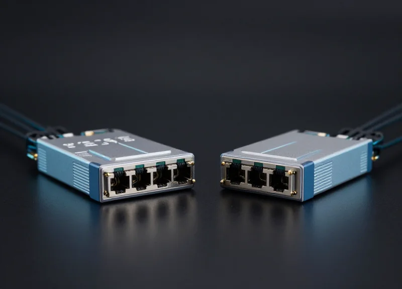 A professional side-by-side comparison layout of two sets of fiber optic transceiver modules on a dark metallic surface with technical lighting.