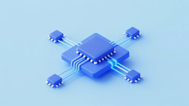 Isometric 3D illustration of a fiber optic transceiver being programmed and synchronized.