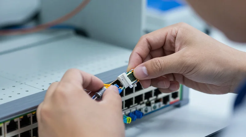 Close-up of a technician testing a transceiver module in a professional network lab.