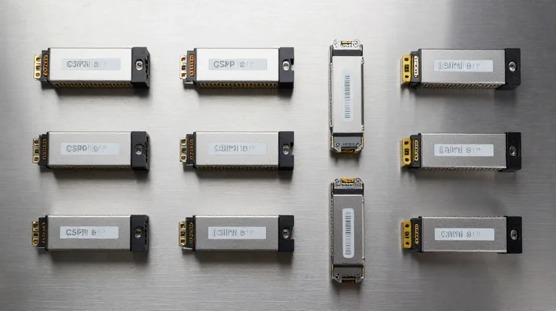 A variety of fiber optic transceiver modules neatly arranged on a clean technical surface.