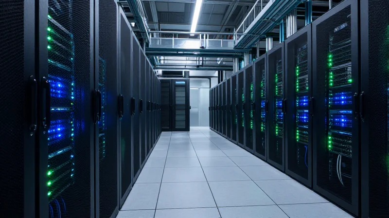 Wide shot of a modern high-bandwidth data center with glowing server racks.