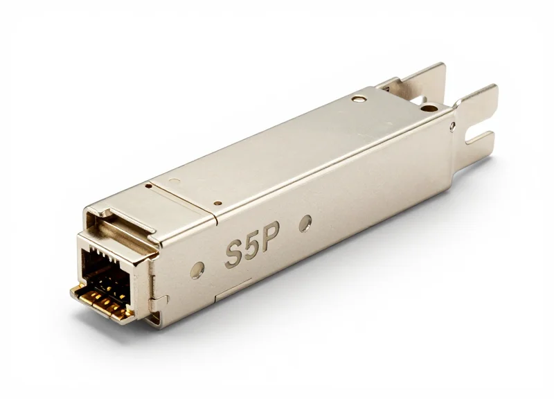 A high-quality metallic SFP transceiver module for networking hardware, shown from a 45-degree angle on a clean white studio background.