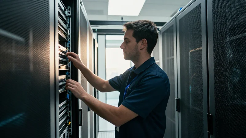 A professional technician working in a clean, modern data center environment.