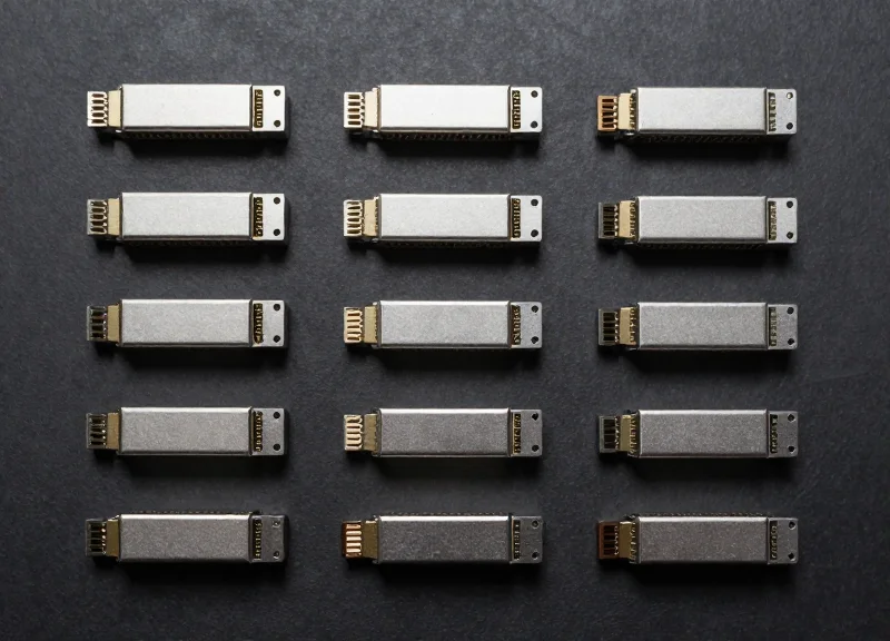A collection of several silver SFP fiber optic transceivers neatly arranged in a grid on a dark matte surface, viewed from directly above in a flat lay style.