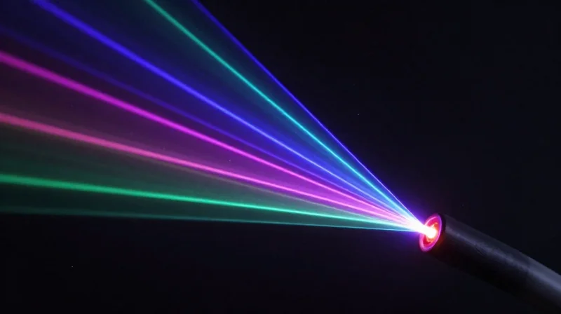The Role of DWDM in Financial Connectivity Visualization of multiple light frequencies traveling through a single fiber optic line.