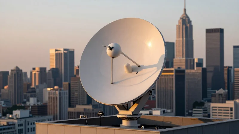 Microwave and Millimeter Wave: Cutting Through the Air High-frequency microwave dish installed on a rooftop overlooking a modern urban financial district.